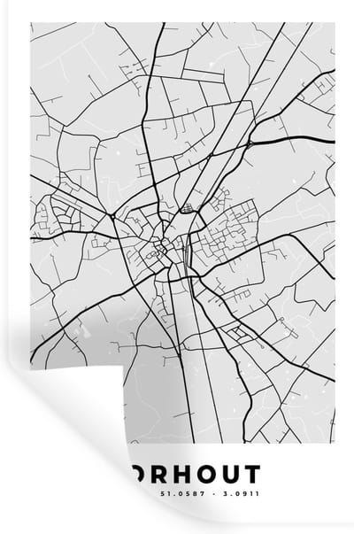 Muurstickers - Sticker Folie - Zwart Wit – België – Plattegrond – Stadskaart – Kaart – Torhout - 20x30 cm - Plakfolie - Muurstickers Kinderkamer - Zelfklevend Behang - Zelfklevend behangpapier - Stickerfolie