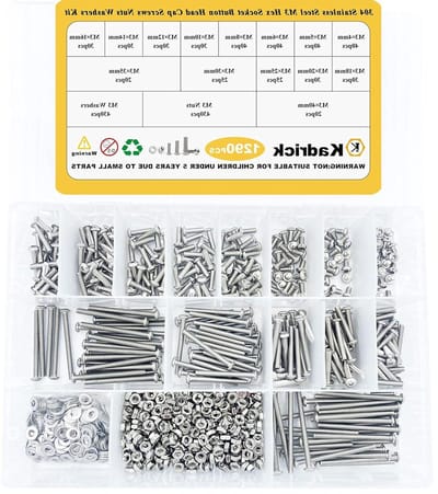 Kadrick 1290 stuks metrische schroeven M3, 4 mm-40 mm, volledige maat, 304 roestvrij staal, zeskantbouten, sluitringen, set met inbussleutel