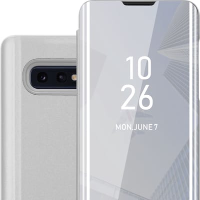 Cadorabo Hoesje geschikt voor Samsung Galaxy S10e in AGAAT ZILVER - Clear View Spiegel Beschermende Case met Tribunefunctie 360 Graden Bescherming Book Case Cover Etui