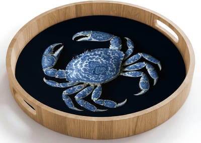 Dienblad rond 40x40 cm - Schootdienblad hout - Krab - Delfts blauw - Dieren - Borrelplank rechthoek - Plateau houten dienbladen