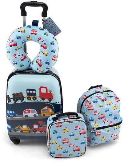 COSTWAY 5-delige kinderkoffer + rugzak, kindertrolley met lunchbox, bagagelabel en nekkussen, kinderbagage met wielen, handbagage, reiskoffer, harde koffer voor jongens en meisjes, Vervoer, 30 cm x 23