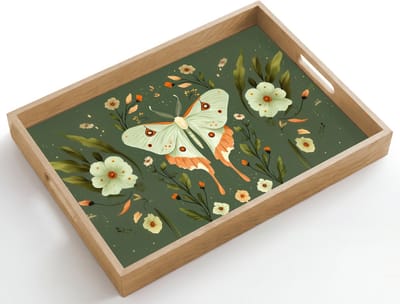 Dienblad hout 50x35 cm - Schootdienblad - Bloemen - Bladeren - Olijfgroen - Vlinder - Borrelplank rechthoek - Plateau dienbladen