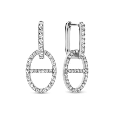 New Bling - 9NB-1618 - Zilveren Ovale Monogram Oorbellen met Zirkonia – Gerhodineerd – Dames Oorbellen
