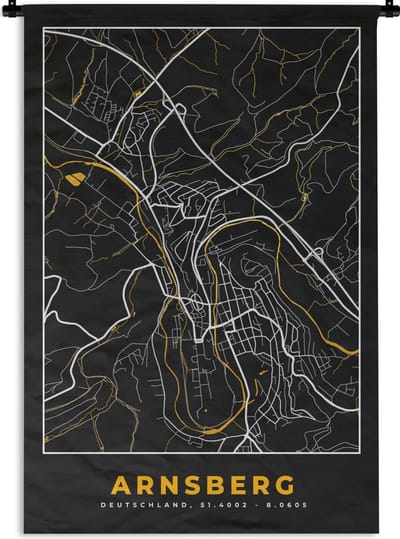 Wandkleed - Wanddoek - Arnsberg - Stadskaart - Goud - Kaart - Plattegrond - Duitsland - 120x180 cm - Wandtapijt