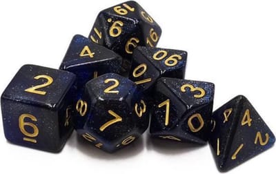 Polyset Dice | Dobbelstenen - Set Van 7 Stuks - Blauw Zwart Glitters Transparant Doorzichtig Goud| Voor D&D en Andere Rollenspellen | Plastic Dobbelstenen Set voor Dungeons and Dragons | Polyhedral Dice Set | Mooie Zwarte Velvet Dice Bag voor 3 Sets