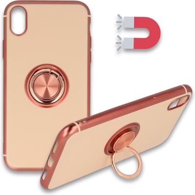 HB Hoesje Geschikt voor Apple iPhone XS Max - Rosegoud - Siliconen Back Cover met Ring Kickstand - Geschikt voor Magneet Houders