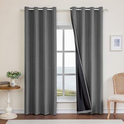 100% Verduisterend Linnen Effect Gordijnen Set Van 2, 140x175cm, Ondoorzichtig Warmte-Isolerende Thermische Gordijnen Met Ringen, Geluidsbescherming, Voor Slaapkamer Woonkamer, Donkergrijs