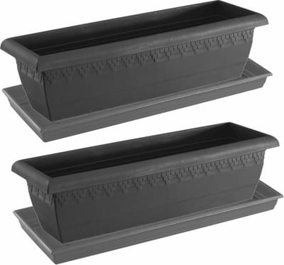 2x stuks antraciet grijze plantenbakken/bloembakken met onderschaal/water opvang bord - formaat 60 x 20 x 16 cm