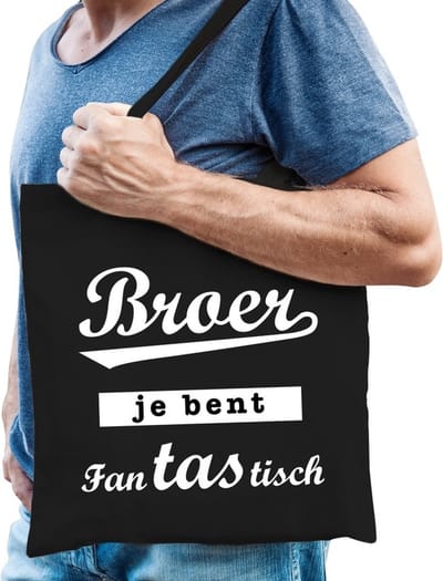 Cadeau tas zwart katoen met de tekst Broer je bent fantastisch - kadotasje voor een broer