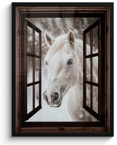 Poster in lijst - Fotolijst 50x70 cm - Posters - Doorkijk - Paard - Wit - Winterlandschap - Sneeuw - Posterlijst zwart - Decoratie - Wanddecoratie woonkamer - Muurdecoratie slaapkamer