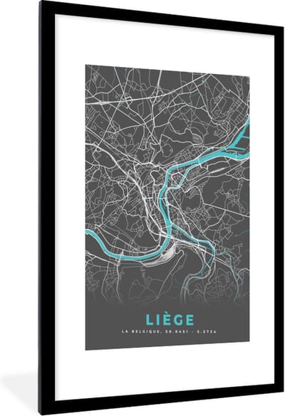 Fotolijst incl. Poster - Kaart – Plattegrond – Stadskaart – Liège – België - Grijs - 60x90 cm - Posterlijst
