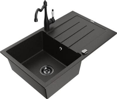 Mexen Bruno granieten spoelbak 1-kompaarts met afdruiprek en keukenkraan Carla, zwart/goud metallic - 6513-75-670700-70-B