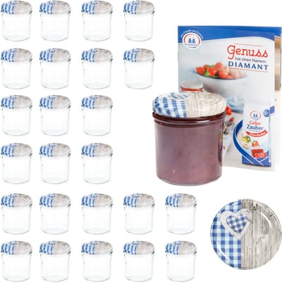 Set van 25 stuks sturzglas 350 ml To 82 deksel hout hart blauw incl. Diamant Gelierzauber receptenboek