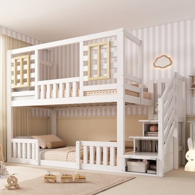 DESMIU Stapelbed 90x200cm – Kinderbed Met Trappenkast En Opbergruimte – Huisjesstijl Met Houten Ramen – Voor Twee Kinderen – Wit – Zonder Matras