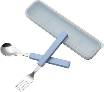 2-delige Kindermessen en Vorken Set van Roestvrij Staal, Bestek voor Peuters met Reisdoos, Blauw, Ideaal voor Eten en Buitenshuis