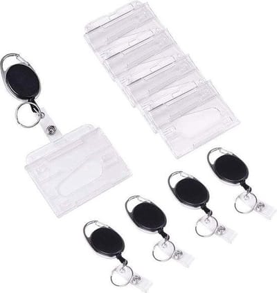 Akyol - Intrekbare badgehouder met trekkoord -set van 5 stuks naamplaatje -badge met clip-pasjes houder - badgehouders met pasjes - Pasjes | ID-kaart |zwarte badgehouder-badge zwart -badgehouder kantoor-bad