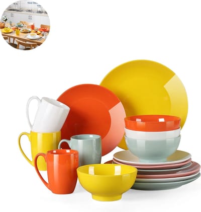 Luxe Serviesset – 16 delig – 4 persoons – Porselein - Bordenset – Dinner platen – Dessertborden - Kommen - Mokken - Mix-Kleur