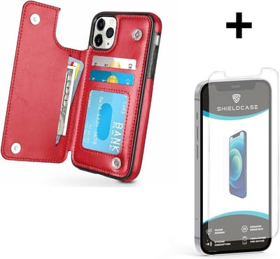 ShieldCase Wallet case geschikt voor Apple iPhone 12 / 12 Pro - 6.1 inch - ruimte voor pasjes - pasjeshouder - portemonnee - rood + glazen Screen Protector