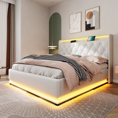 Gestoffeerd bed - tweepersoonsbed met LED-licht - afstandsbediening - 140x200 cm met opbergruimte met USB Type-C opladen - wit - zonder matras