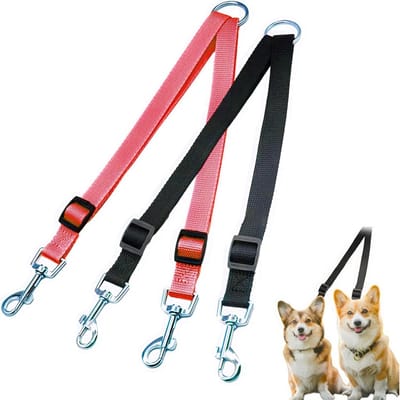 2 dubbele hondenlijnen, verstelbare lijnsplinters, dubbele hondenriem van nylon, voor wandelingen met puppy's, licht, zacht en duurzaam (rood, zwart)