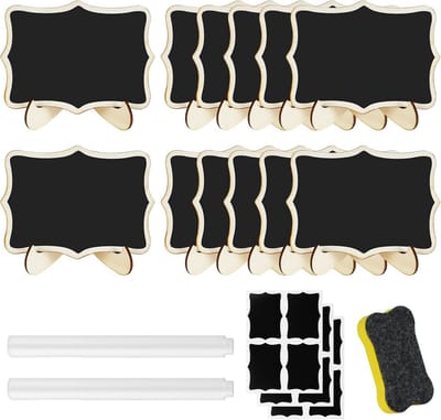 12 Mini Schoolbord Plaatjes met Stand - Ideaal voor Buffet Labels, Tafel Nummering en Prijs Tags, Inclusief 2 Stiften en 12 Papieren