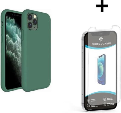 ShieldCase Silicone case geschikt voor Apple iPhone 12 / 12 Pro - 6.1 inch - optimale bescherming - siliconen hoesje - backcover - donkergroen + glazen Screen Protector