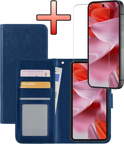 Hoesje - Met Screenprotector - Geschikt voor Google Pixel 10 - Luxe Pasjeshouder - Bookcase Portemonee - Flip Case - Kunstleer Book Case - Flipcase - Book Cover - Walletcase - Portemonneehoes - Donkerblauw