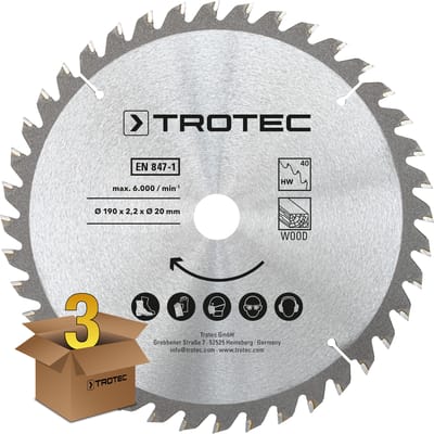 Set zaagbladen voor houtcirkelzaag Ø 190 mm (40 tanden), 3-delig
