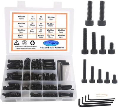 Assortiment Zeskantschroeven M5 M6 M8 - 295 Stuks - Koolstofstaal, Zwart - Inclusief Inbussleutel
