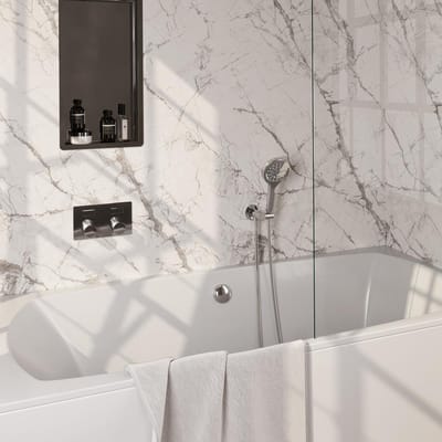 Brauer Chrome Carving Thermostatische Inbouw Badkraan Drukknoppen - Badvulcombinatie - 3 stand - Doucheslang - Wandaansluitbocht - Handdouche - Chroom