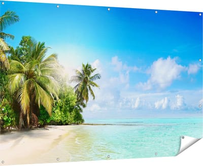 Gards Tuinposter Tropisch Strand bij de Licht Blauwe Zee - 180x120 cm - Tuindoek - Tuindecoratie - Wanddecoratie buiten - Tuinschilderij
