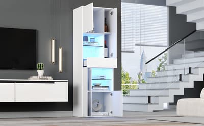 STILVORA Vitrinekast - Glazen Vitrine Met LED Licht En 1 Lade - 55x38x170 cm - Spaanplaat - Wit