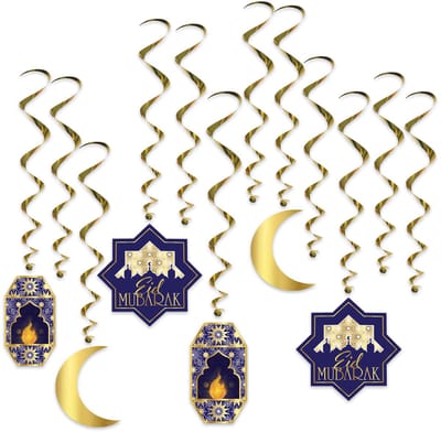 360 DEGREES - 12 blauw-gouden Eid Mubarak spiraaldecoraties 71 cm voor feestjes
