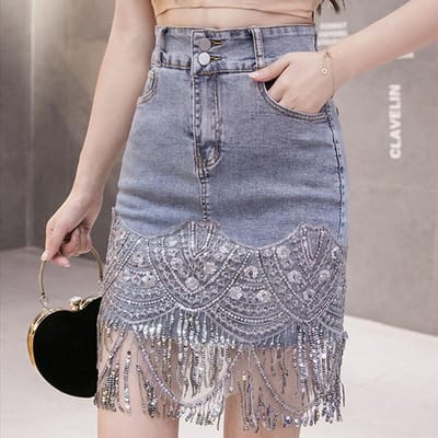 Denim Rok Vrouwen Koreaanse Versie Hoge Taille Pailletten Rokken Sexy Kwastje Denim Billenrok voor Vrouwelijke Student M blauw