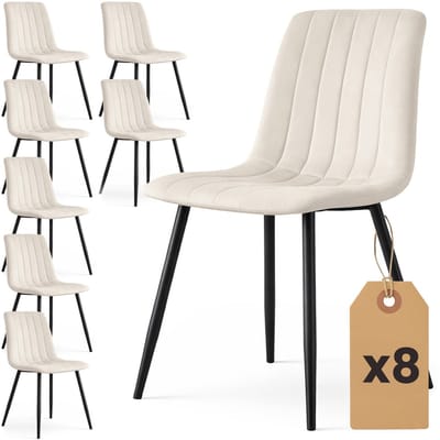 Set van 8 Eetkamerstoelen LIVO / Gestoffeerde Stoelen / Fluwelen Stoelen en Metalen Poten / Beige met zwarte benen