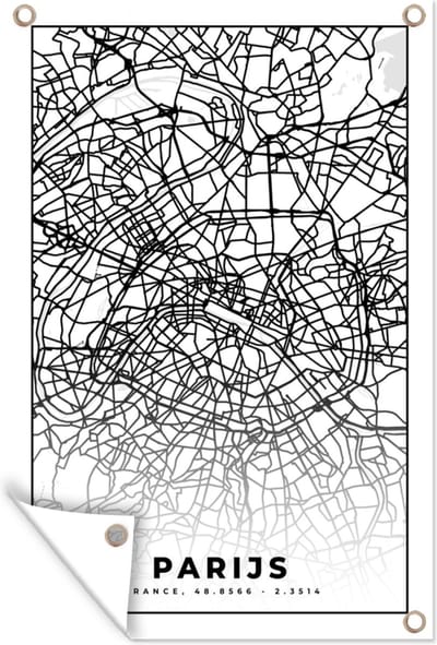 Muurdecoratie Parijs - Stadskaart - Zwart Wit - Plattegrond - Kaart - 120x180 cm - Tuinposter - Tuindoek