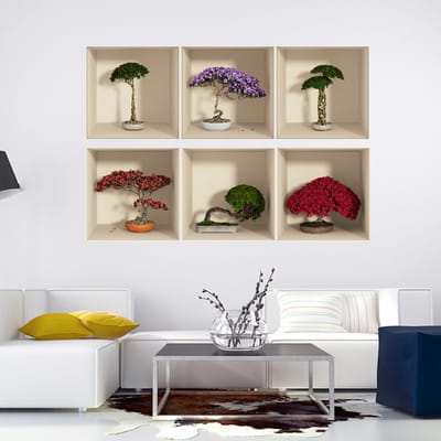 Set van 6 veelkleurige 3D bonsai-boomstickers, 60 x 90 cm