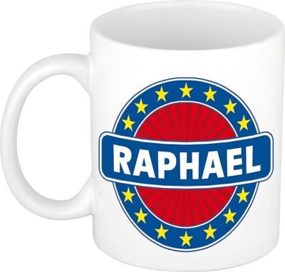 Bellatio Decorations - Raphael voornaam - koffiemok - beker - wit/blauw - 300 ml - Cadeau - Heren - Collega - Vaderdag - Verjaardag