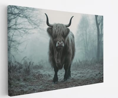 Saammp Canvas Schilderij Schotse Hooglander Koe tussen de lavendel bloemen - Dieren - Natuur - 60x40 - Foto op canvas - Wanddecoratie - muurdecoratie Woonkamer - Slaapkamer decoratie - Canvas Print
