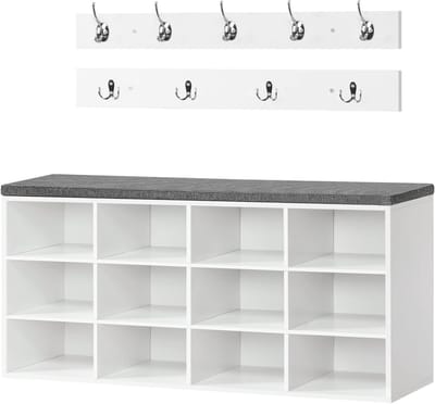 Schoenenrek met 12 Compartimenten en Gevoerde Bank, Wandkast met 9 Haken voor Hal, Entree en Slaapkamer in Wit