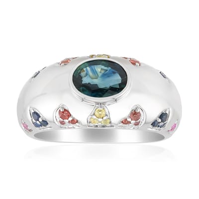 Cavill - Zilveren Ring Petrolkleurige Ovale Saffier 0,89 ct en Pavé Rond Saffier 1,29 ct - Platina Geplateerd - Verfijnde Elegantie en Vakmanschap