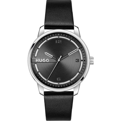 HUGO HU1530362 #STAMP Heren Horloge - Mineraalglas - Staal/Leer - Zilverkleurig/Zwart - 42 mm breed - Quartz - Gesp - 3 ATM (spatwater)