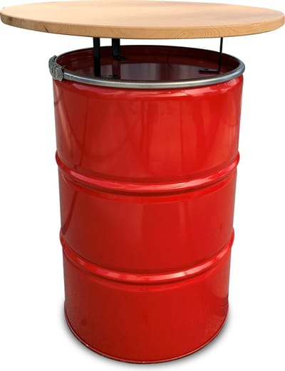Barrelkings - Industriële Statafel/Bartafel - Rood Metaal Olievat - Ø80x105 cm - 200L - Gelakt Houten Tafelblad