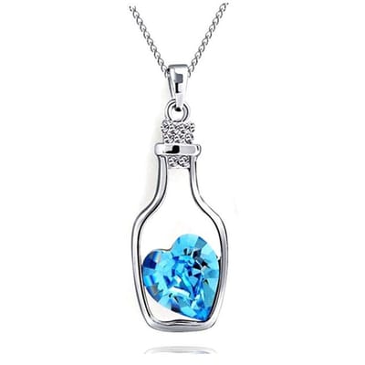 Lumici® | Blue Heart WineBottle Necklace - Blauw Hart Wijnfles Ketting - Hartjes - Steentjes - Kristallen - Hartje - Blauwe Steen - Geliefde - Sieraad - Sieraden Cadeau Voor Vrouwen - Moederdag Cadeau - Valentijn - Liefde - Verrassing -