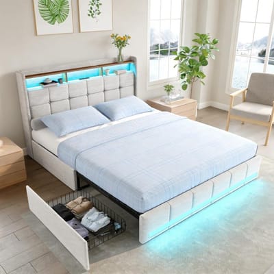 Tweepersoonsbed - Linnen Bed - Slaapkamer Organisatie - Geïntegreerde LED - 140 x 200 cm - Beige