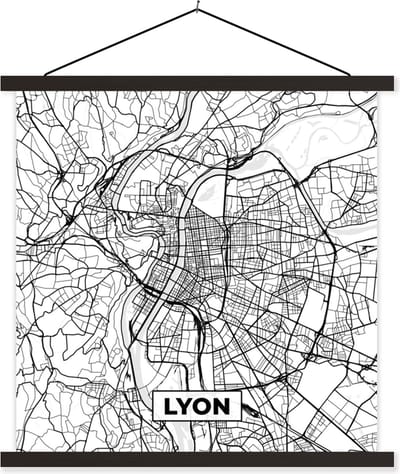 Posterhanger incl. Poster 60x60 cm - Schoolplaat - Lyon - Stadskaart - Frankrijk - Kaart - Plattegrond - Zwart wit - Textielposter - Zwarte latten - Stadskaart