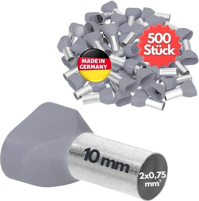 500 stuks Kalitec AET07510GR dubbele adereindhulzen geïsoleerd 2x0,75mm² 10mm lang grijs I Made in Germany I Industriële kwaliteit