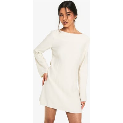 boohoo Dames Linnen lange mouw slash-nek nauwgesneden mini-jurk | Natural | Maat: 8