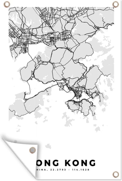 Muurdecoratie Hong Kong - Stadskaart - Zwart Wit - Plattegrond - Kaart - 120x180 cm - Tuinposter - Tuindoek
