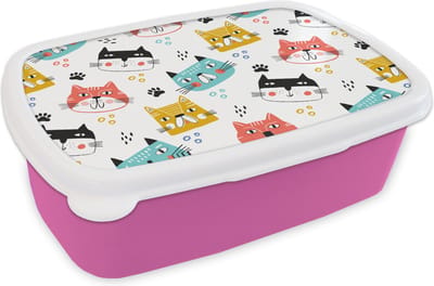 Broodtrommel Roze - Lunchbox - Brooddoos - Jongens - Patronen - Katten - 18x12x6 cm - Kinderen - Meisje